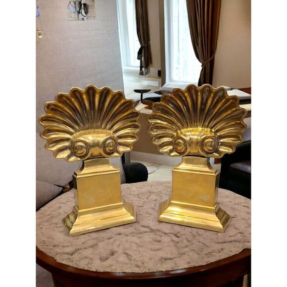 Vintage 12" Brass Art Deco Hollywood Regency Andirons Shell Motif Fireplace EUC - Picture 1 of 10